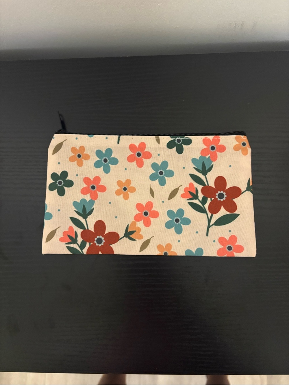 Floral Zip Pouch in Cream with Teal & Coral Flowers
